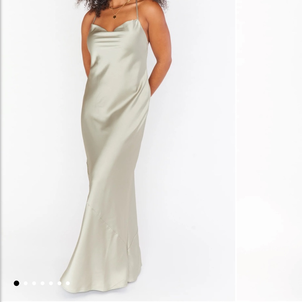 Show Me Your Mumu Tuscany Maxi Slip dress in color Moss Green Luxe Satin